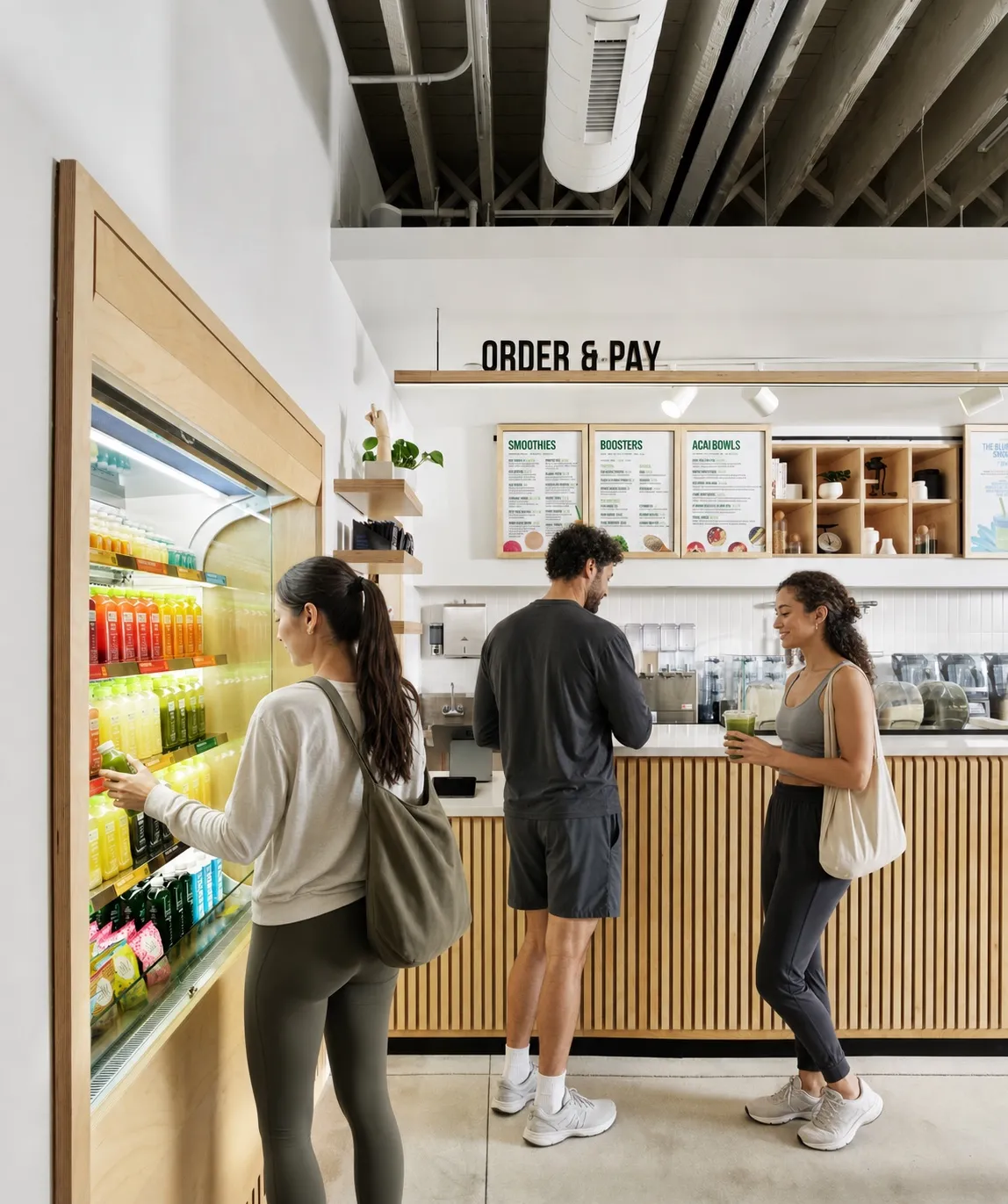 Guests ordering cold-pressed juice and browsing the grab-and-go cooler inside a Pure Green juice bar