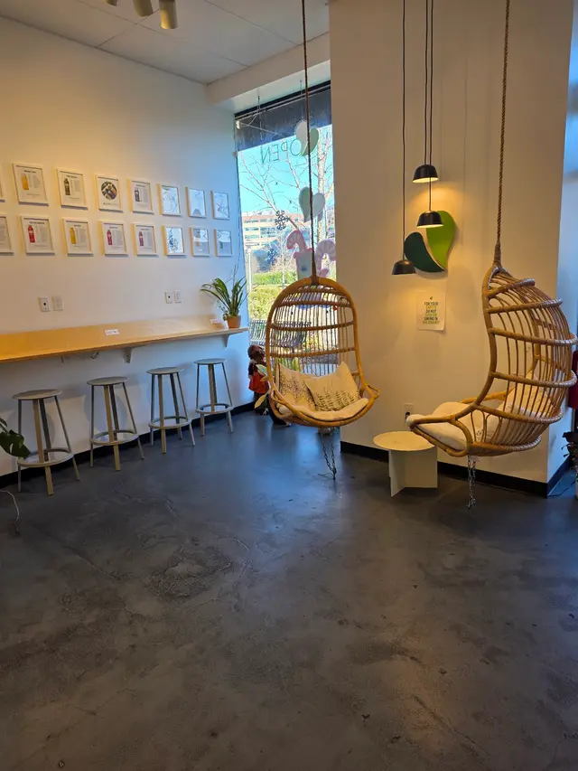 The window bar and two hanging rattan chairs inside Pure Green Bridgewater