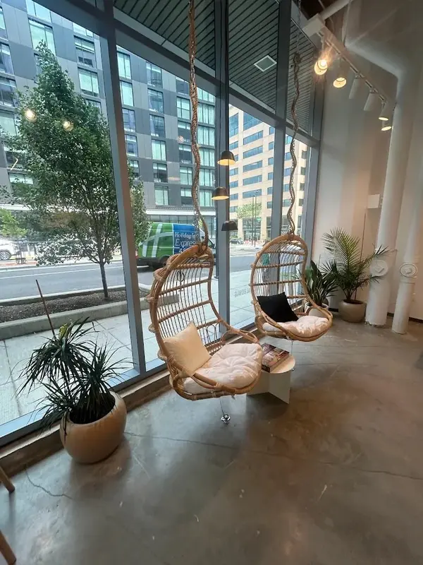 Hanging rattan chairs by the windows inside Pure Green Capitol Square