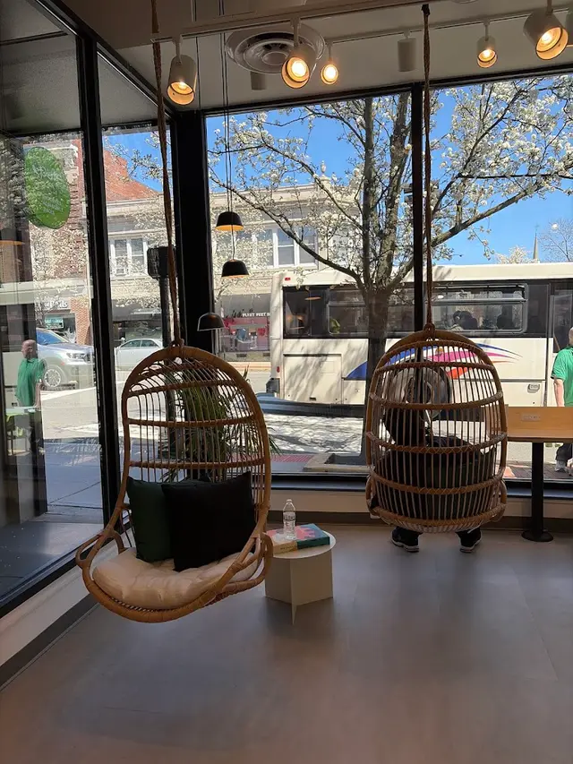 Hanging rattan chairs looking out onto Bloomfield Avenue at Pure Green Montclair