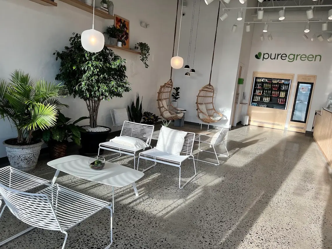 The sunlit lounge with hanging rattan chairs at Pure Green Princeton