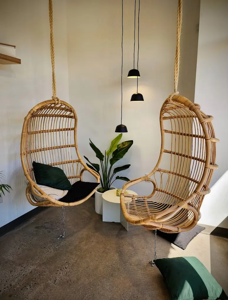 Two hanging rattan chairs below pendant lights inside Pure Green Newtown