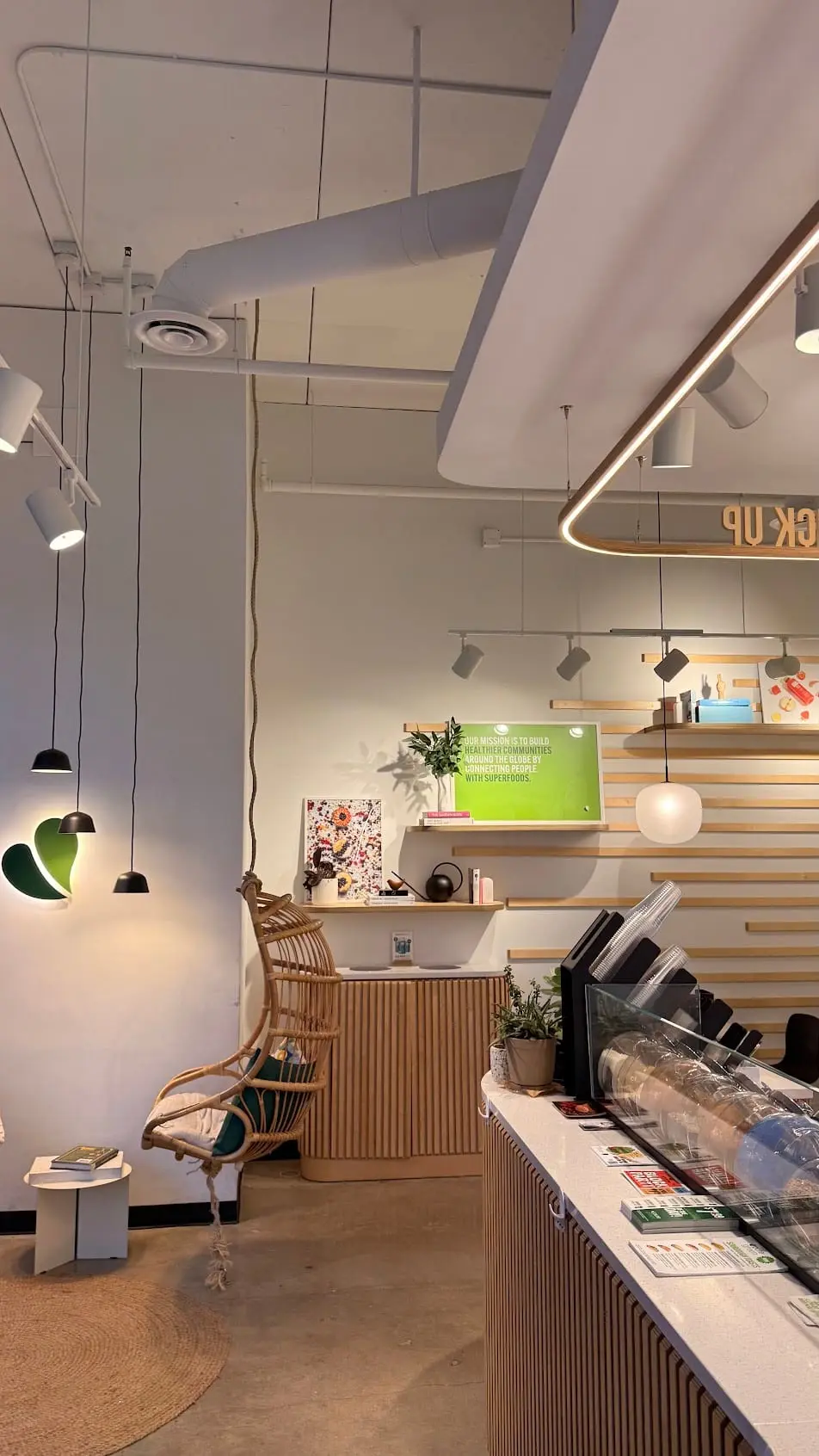 The counter, pickup area and hanging chair inside Pure Green Oak Park