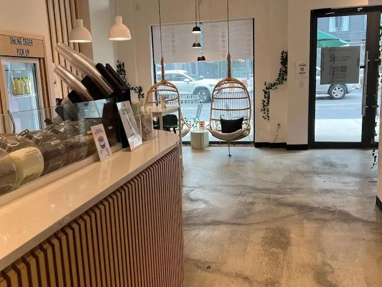 The counter and hanging chairs inside Pure Green Park Slope