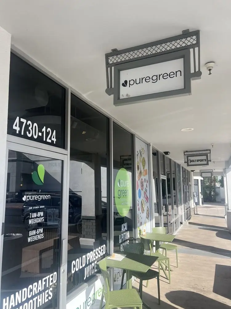 Pure Green Arcadia storefront with handcrafted smoothies and cold-pressed juice signage