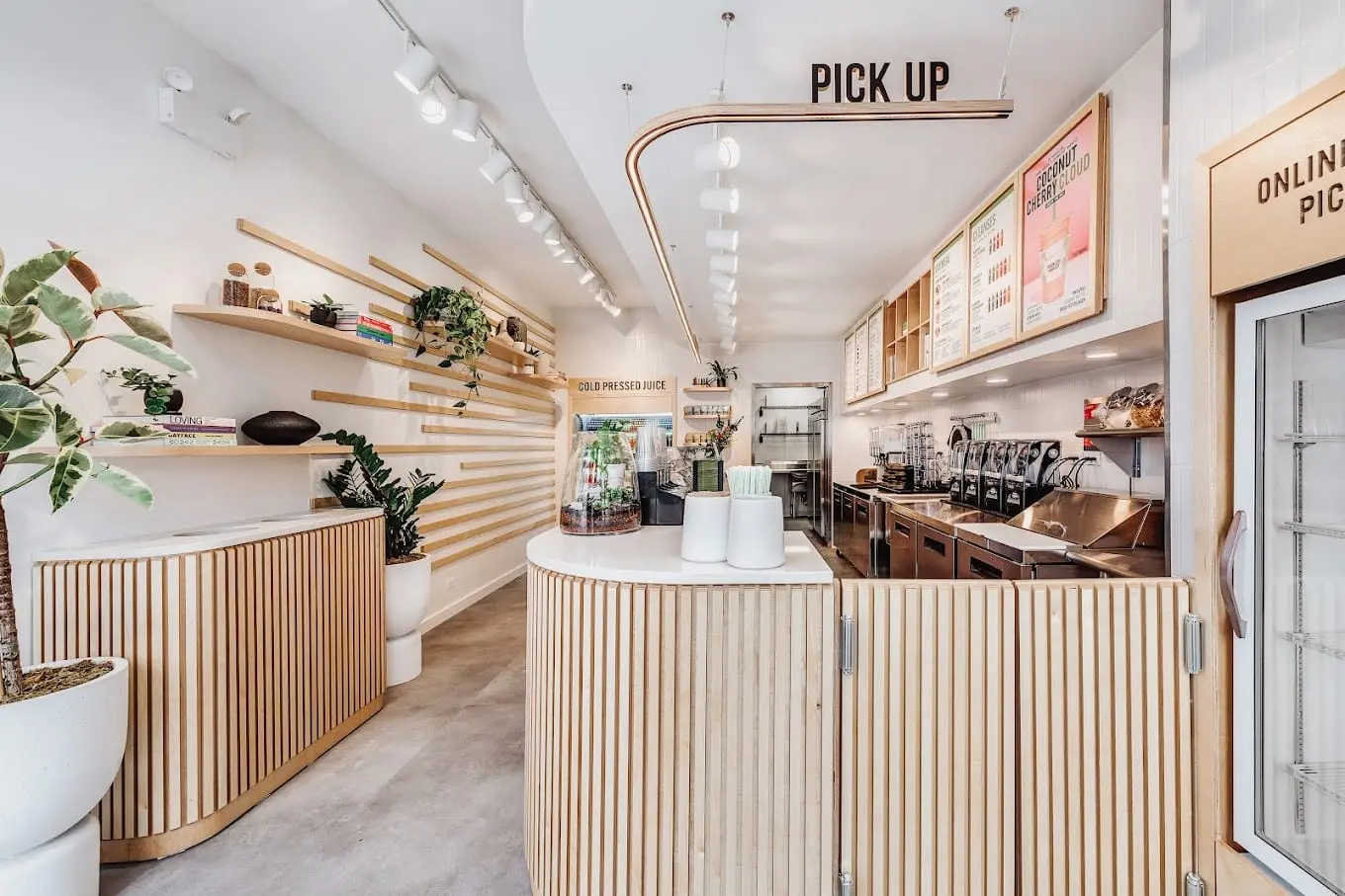 Order counter and pickup shelf inside Pure Green Lakeview