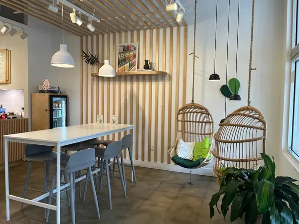 Inside Pure Green Coral Springs with rattan hanging chairs and communal seating