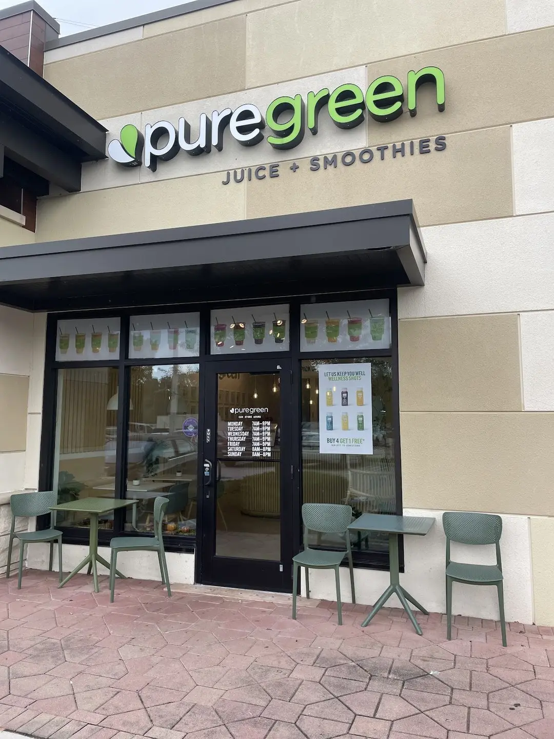 Pure Green Aventura storefront with outdoor seating on NE 199th Street