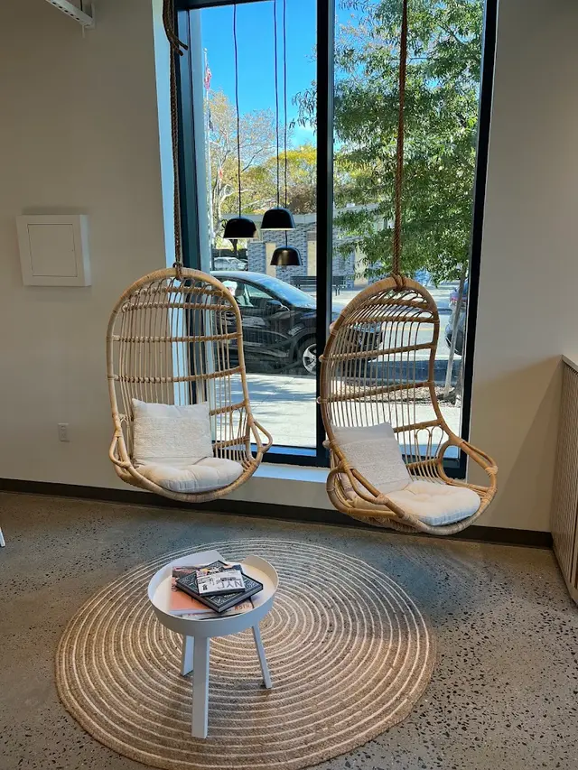 The window seating and hanging chairs in the sunlight at Pure Green Greenpoint