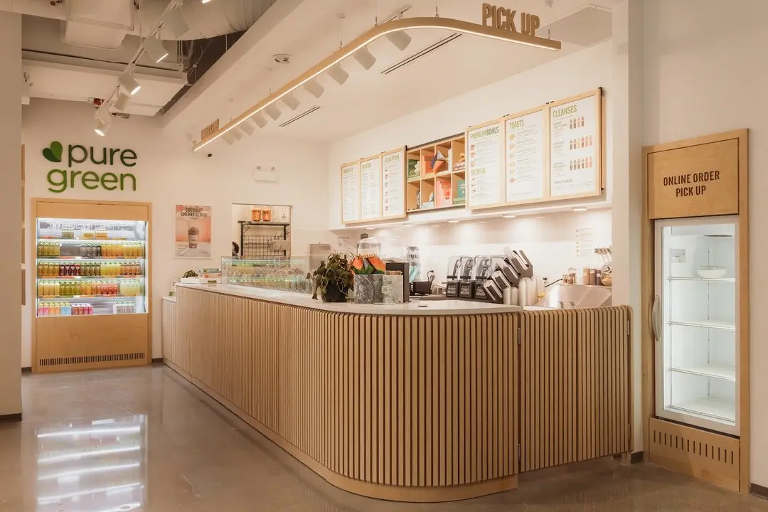 Interior counter and juice fridge at Pure Green Downtown Seattle