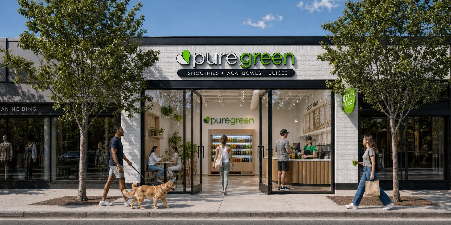 Pure Green juice bar storefront on a tree-lined neighborhood street