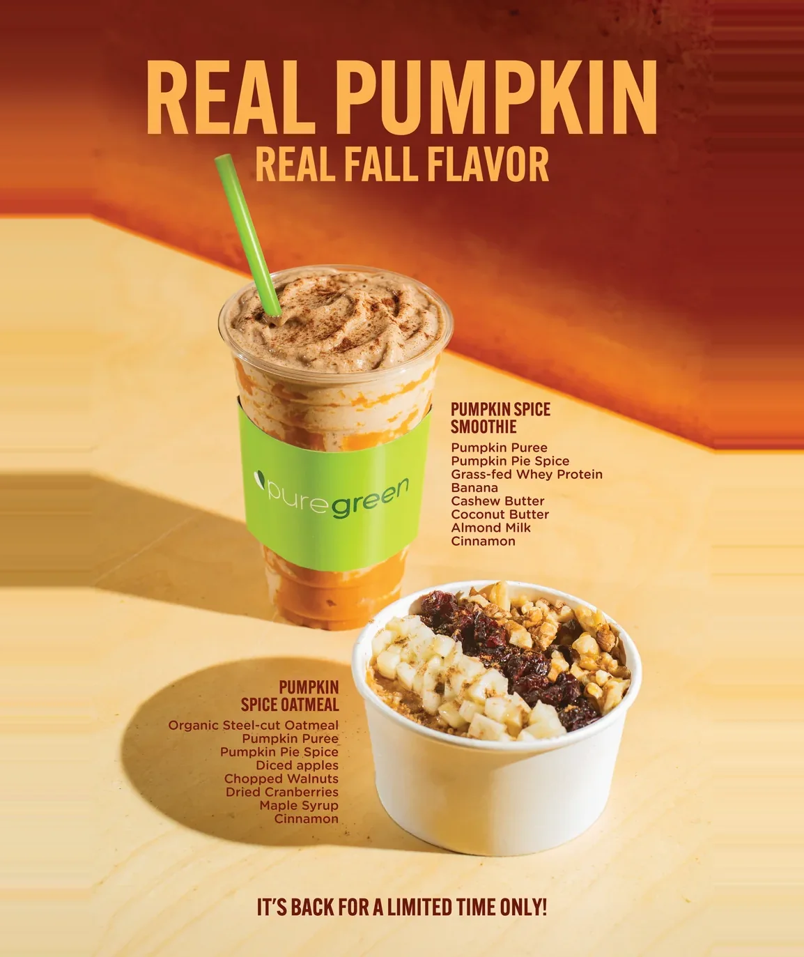 Pure Green Announces Return of Fan Favorite Pumpkin Spice Smoothie and Pumpkin Spice Oatmeal for Fall