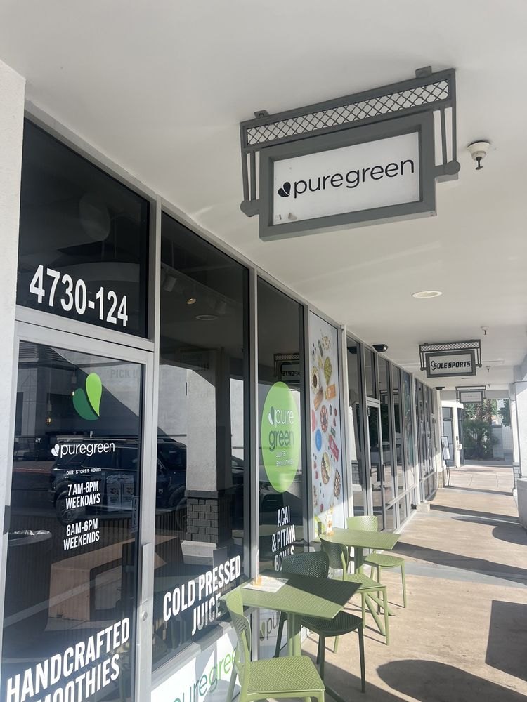 Pure Green Arcadia storefront with handcrafted smoothies and cold-pressed juice signage