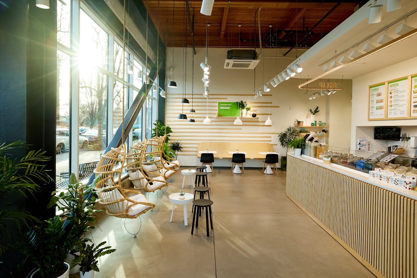The sunlit room and order counter inside Pure Green Portland